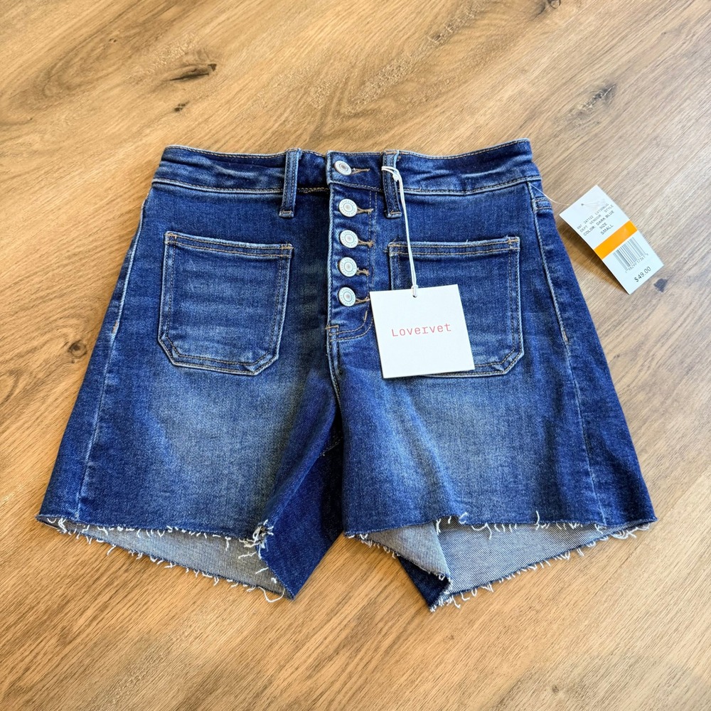 NWT Lovervet Vervet Womens High Rise Button Fly Denim Shorts Dark Blue Small